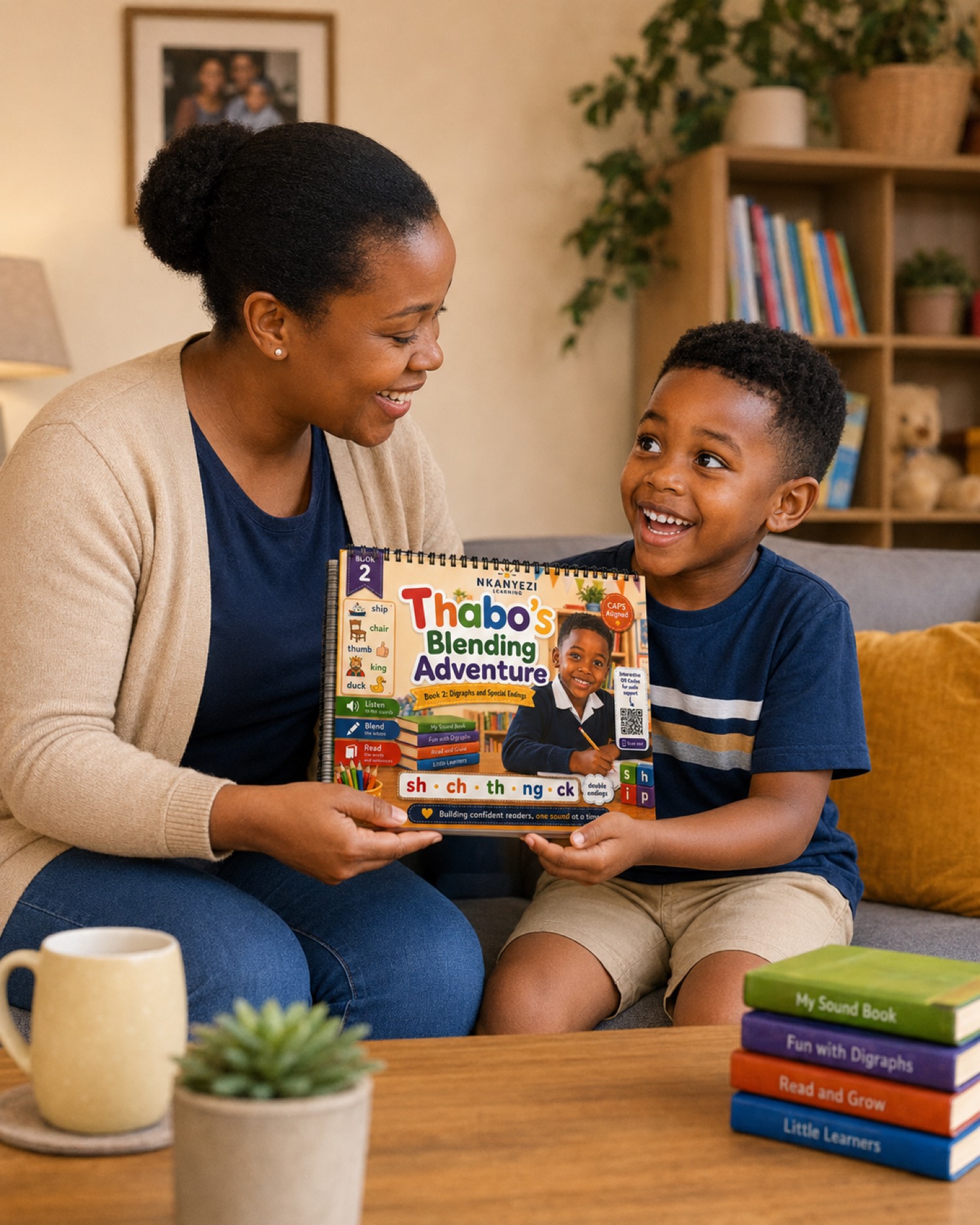 A parent and child sharing Thabo’s personalised Nkanyezi blending book at home