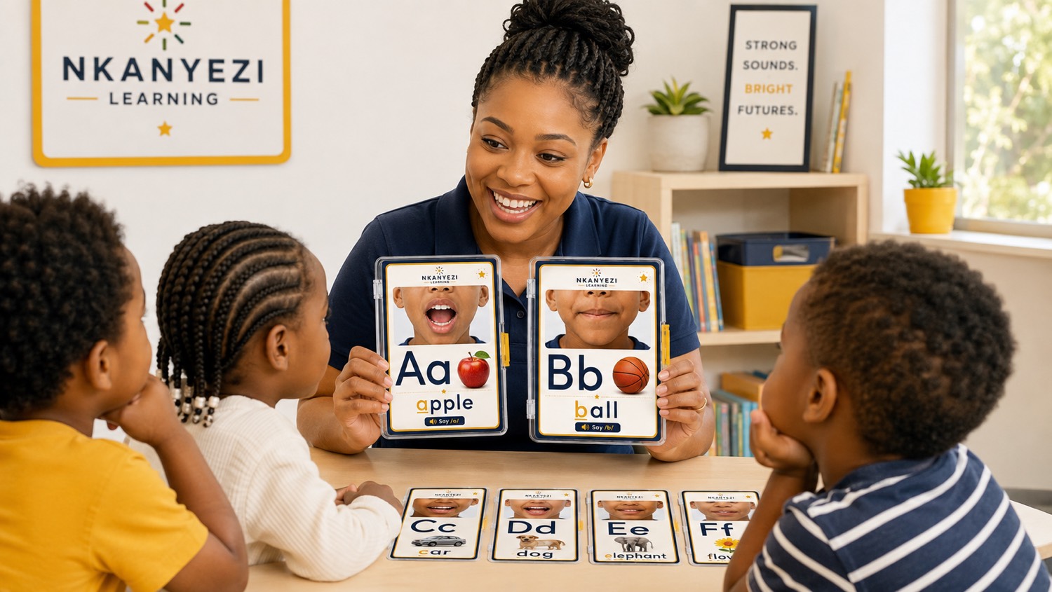 A Nkanyezi teacher practising letter sounds with children using phonics flashcards