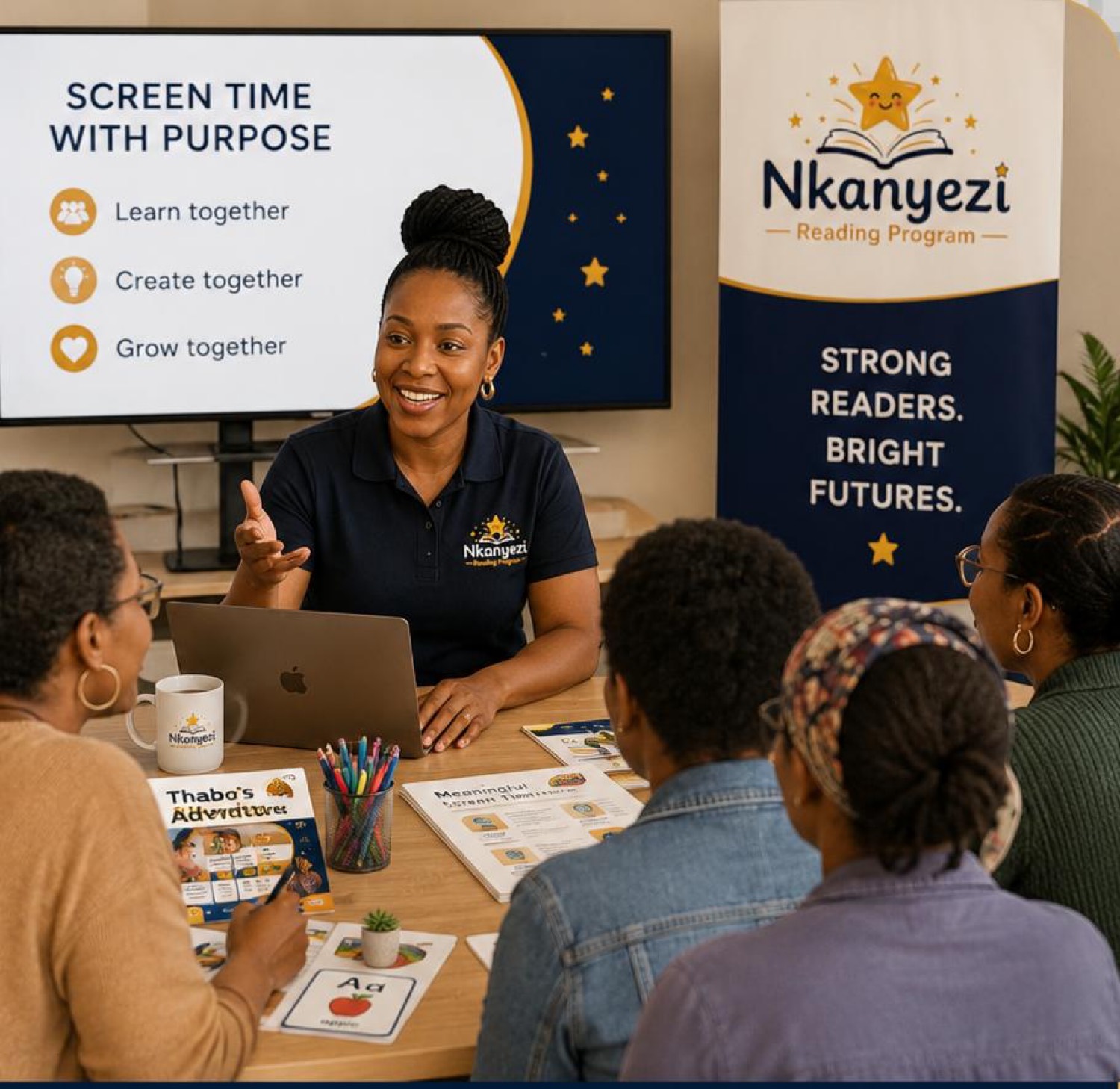 Nkanyezi Reading Program workshop: Screen Time with Purpose, parents gathered around the table with blending books and flashcards